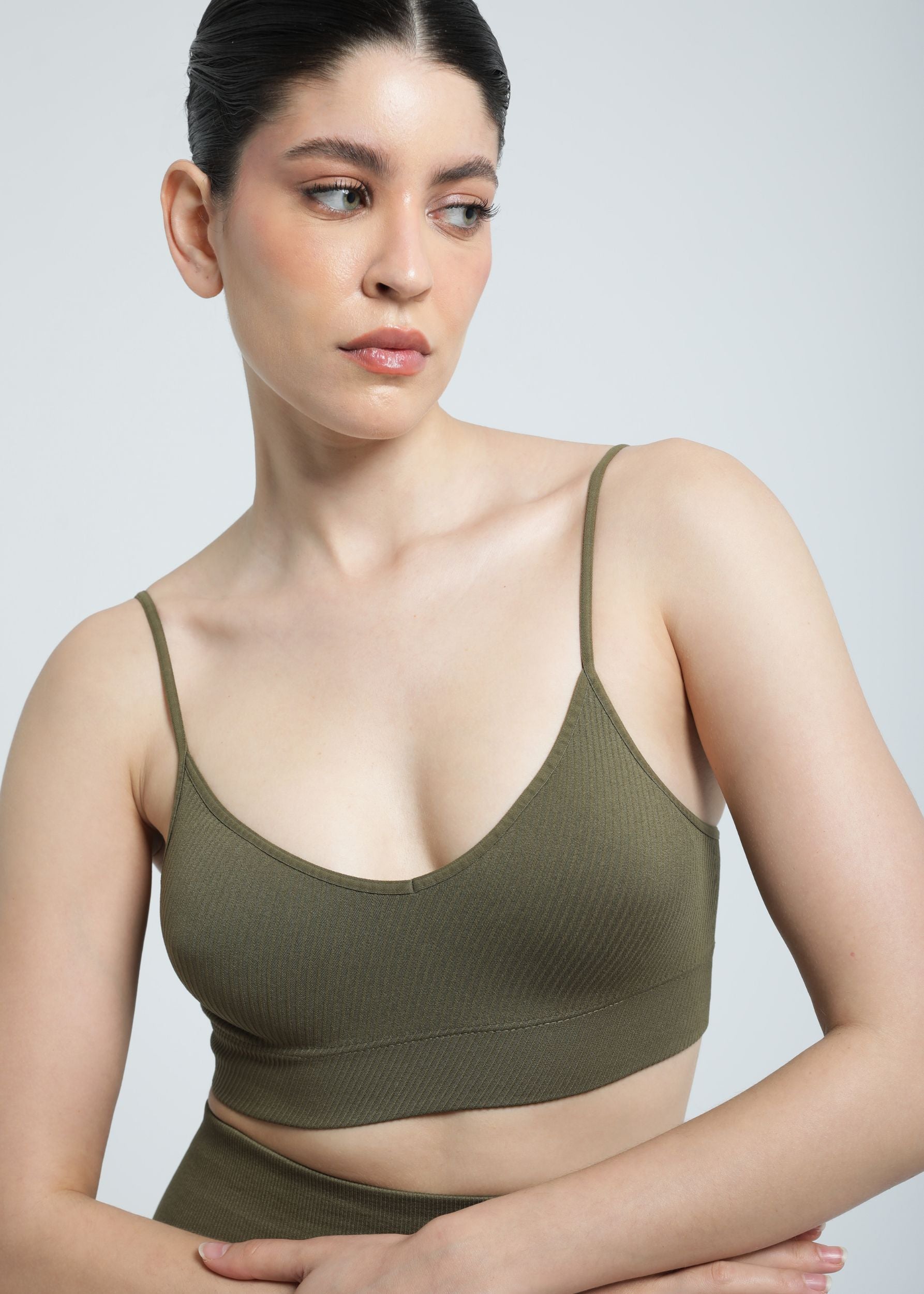Second Skin Essential Sculpting Bralette in Olive Khaki, front view smooth finish