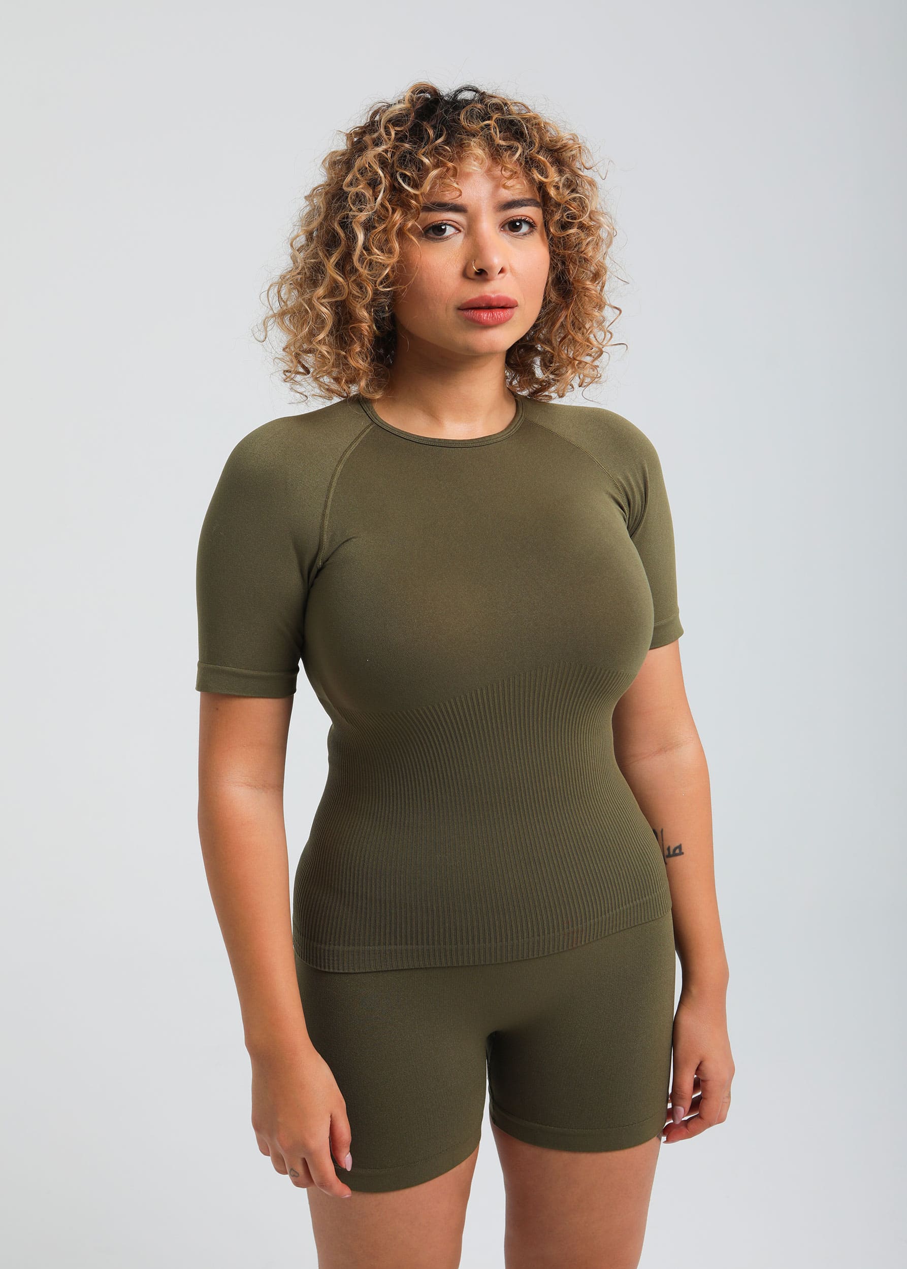 Second Skin Essential Sculpting T-Shirt in Olive Khaki, front view with seamless finish
