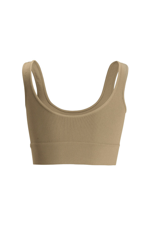 Close-up of ribbed texture and support band on olive khaki bra