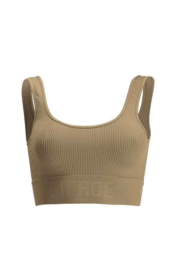 Seamless everyday support bra in olive khaki, front view