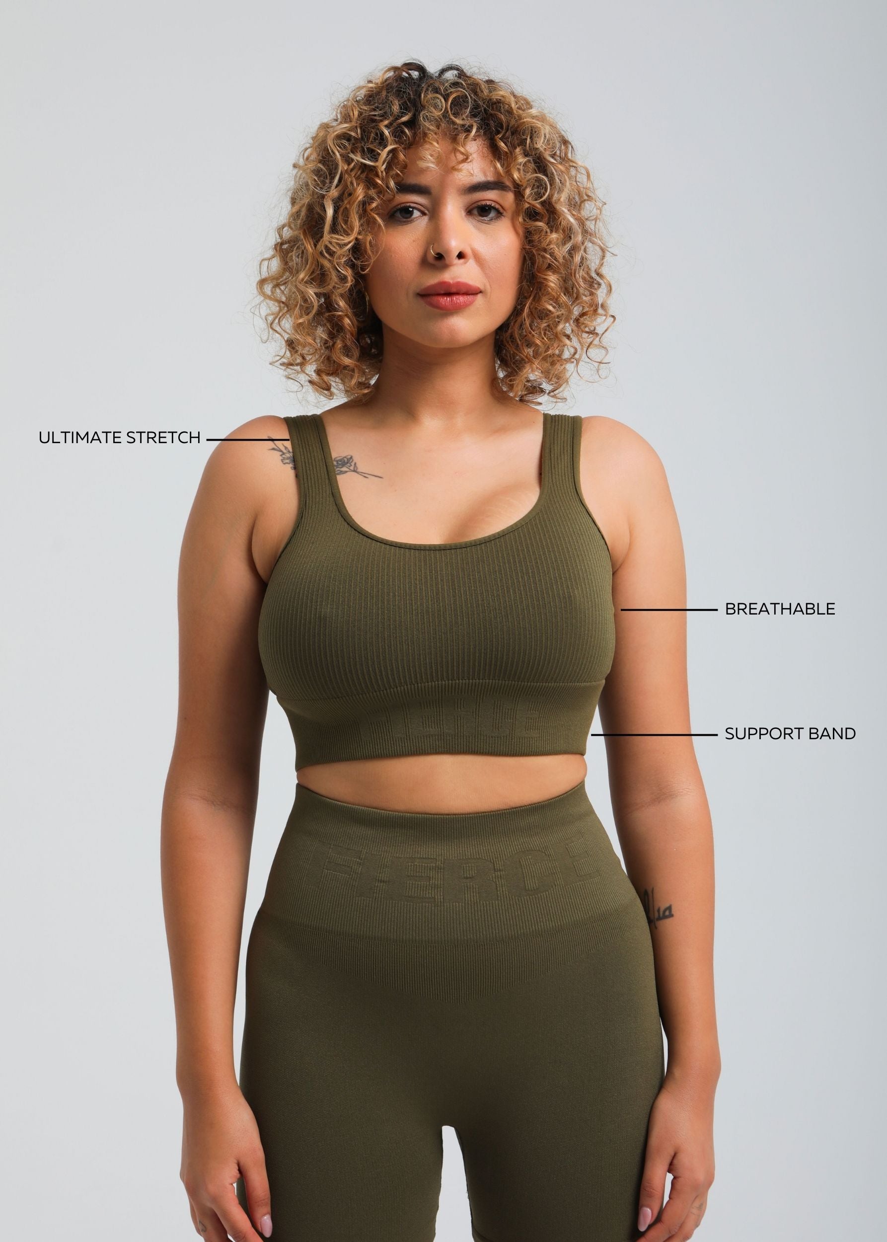 Ribbed seamless support bra in olive khaki with wide straps