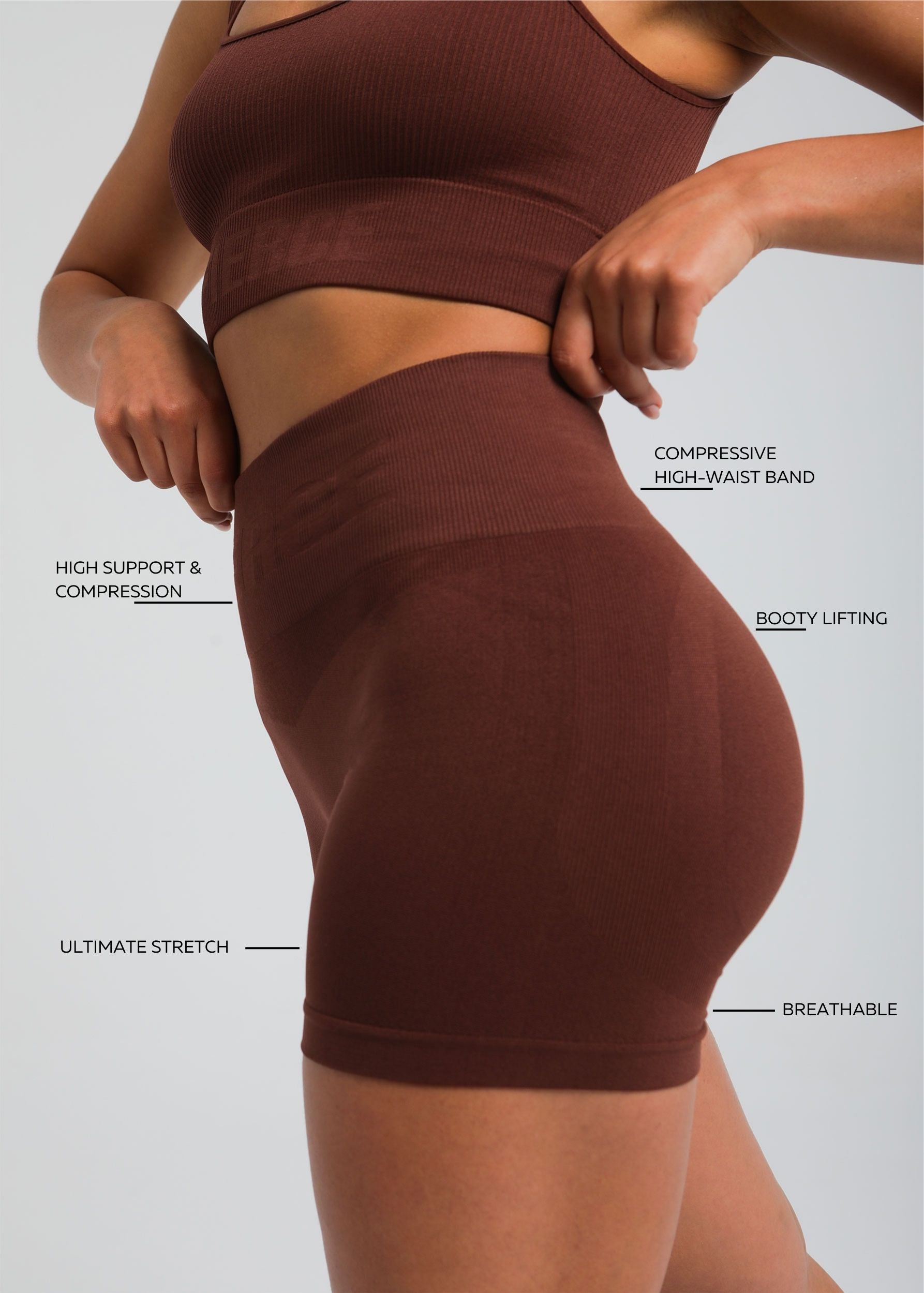 Side view of Cocoa Brown sculpting shorts showing contour shaping