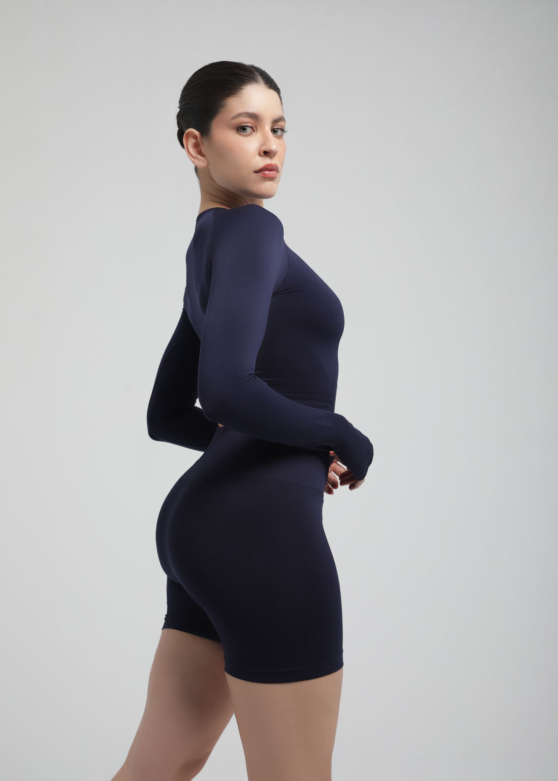 Midnight Navy sculpting shorts showing high-waist band and contoured fit