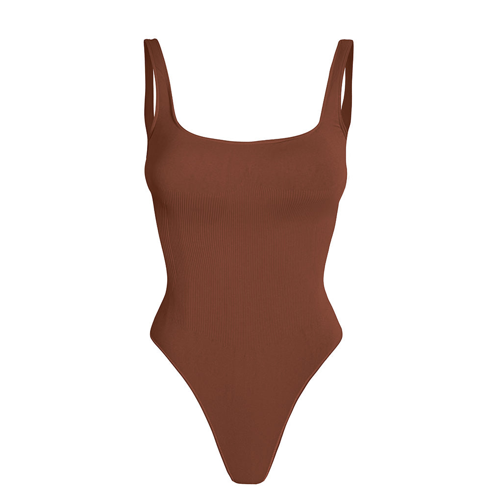 Second Skin Sculpting Thong Bodysuit in Cocoa Brown, front view