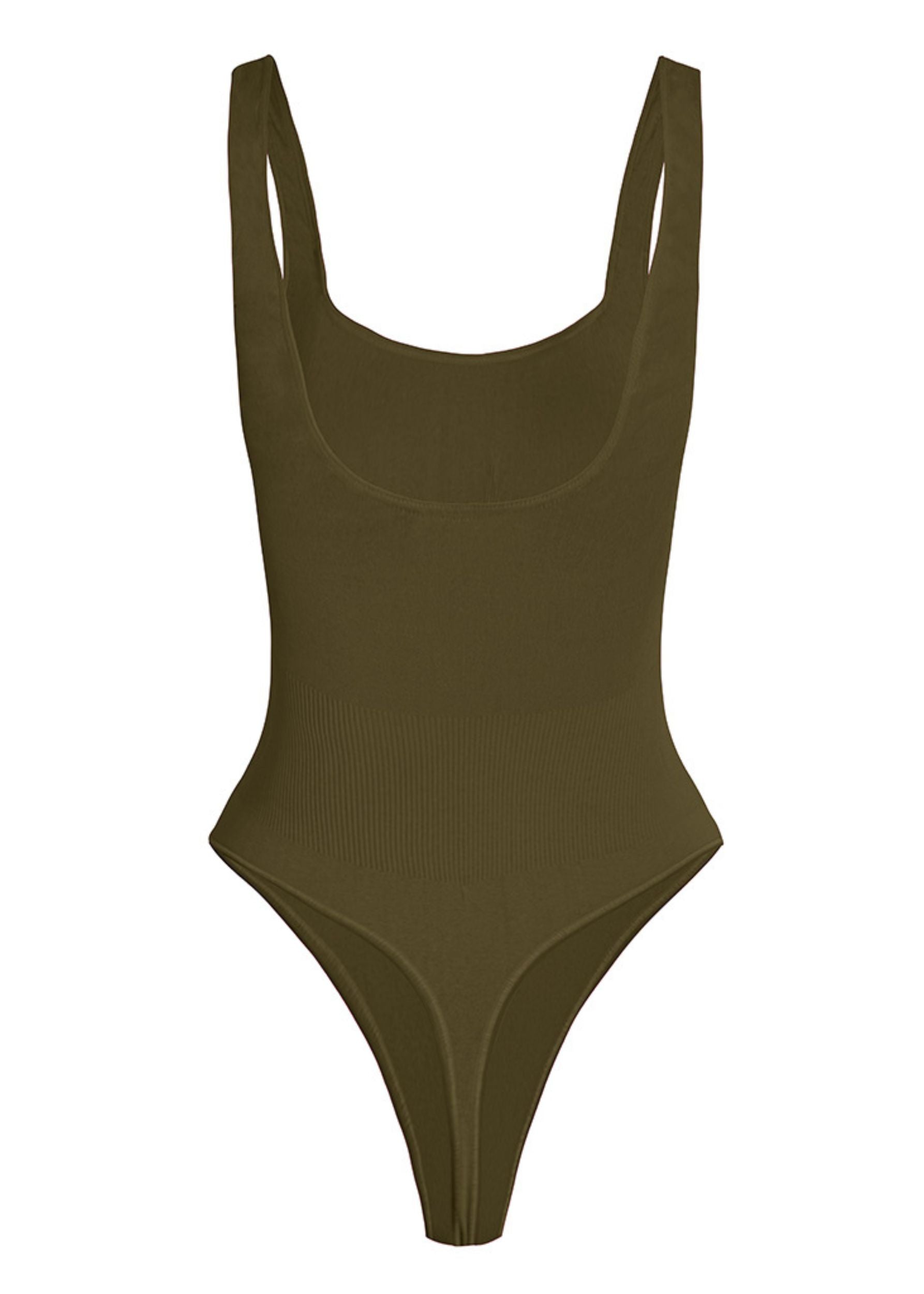 Second Skin Sculpting Thong Bodysuit in Olive Khaki, back view