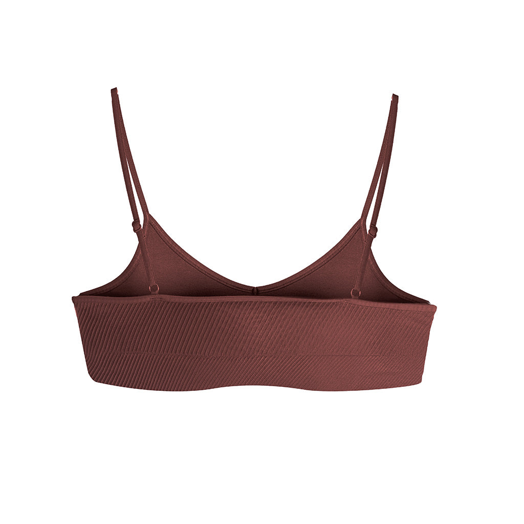 Second Skin Essential Sculpting Bralette in cocoa brown, flat lay back view