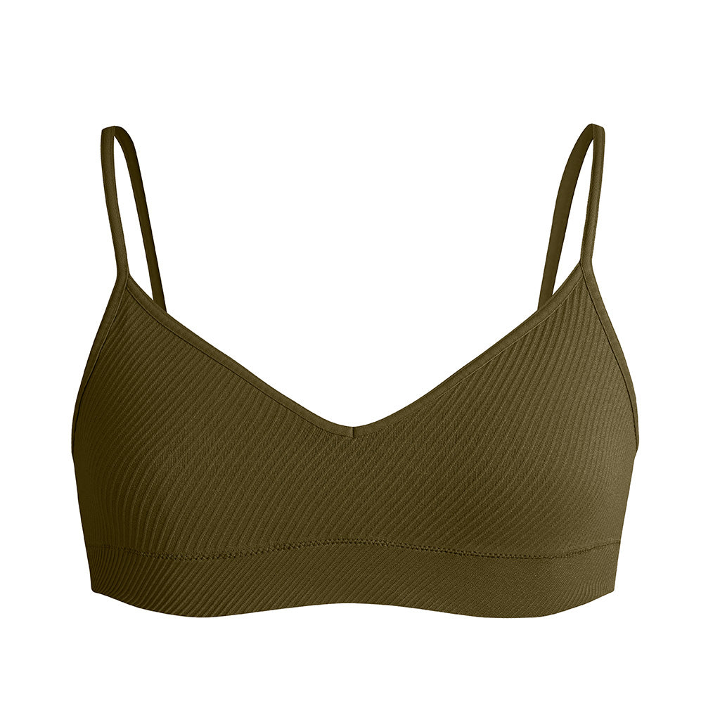 Second Skin Essential Sculpting Bralette in Olive Khaki, ribbed sculpting detail
