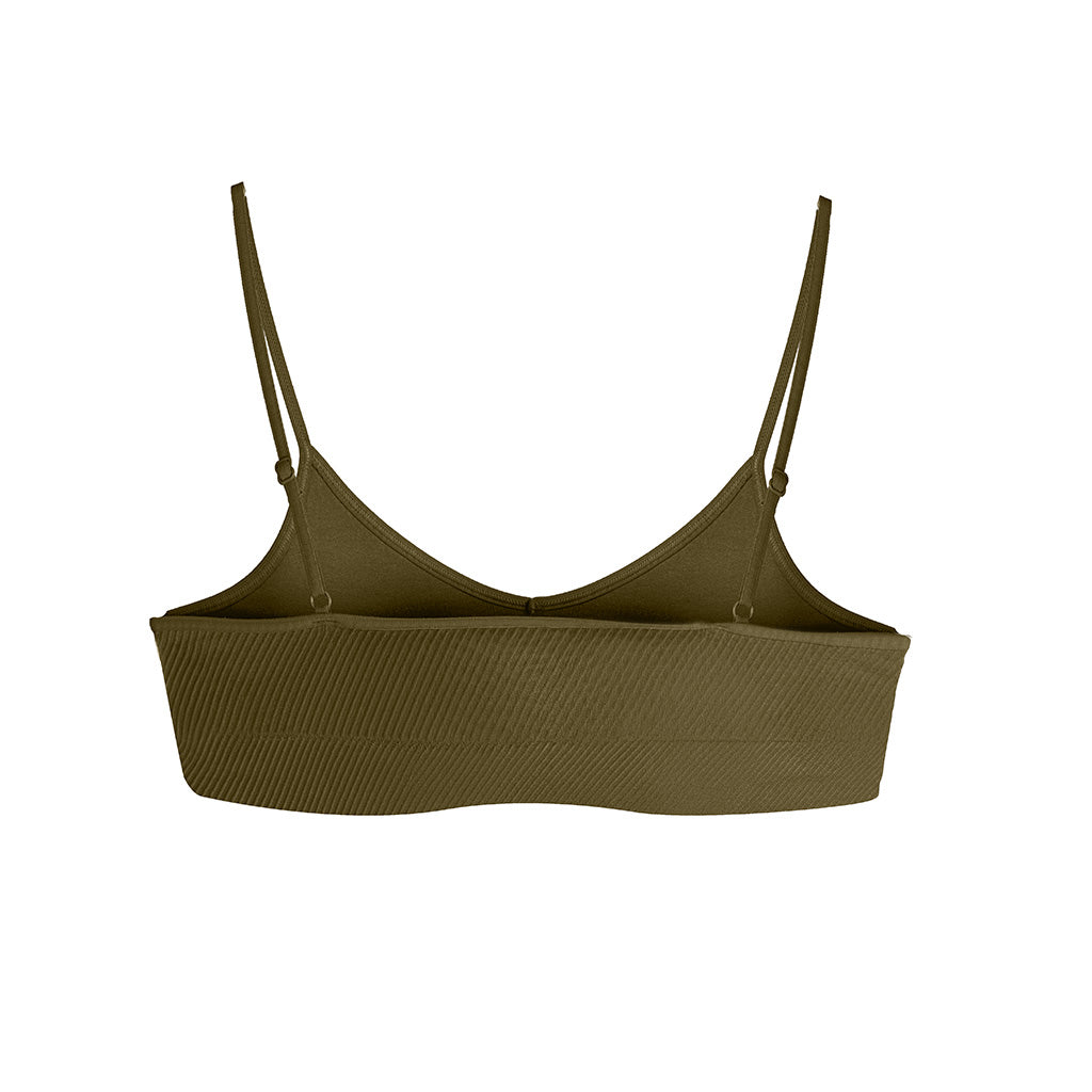 Second Skin Essential Sculpting Bralette in Olive Khaki, back view breathable construction