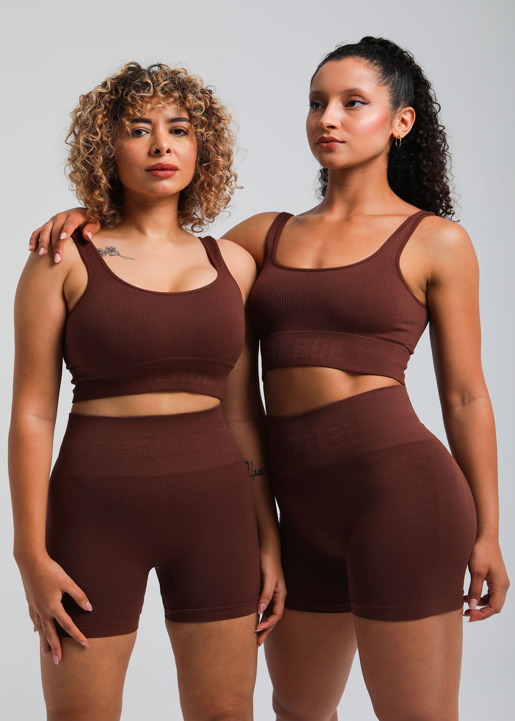 Close-up of ribbed texture on cocoa brown support bra