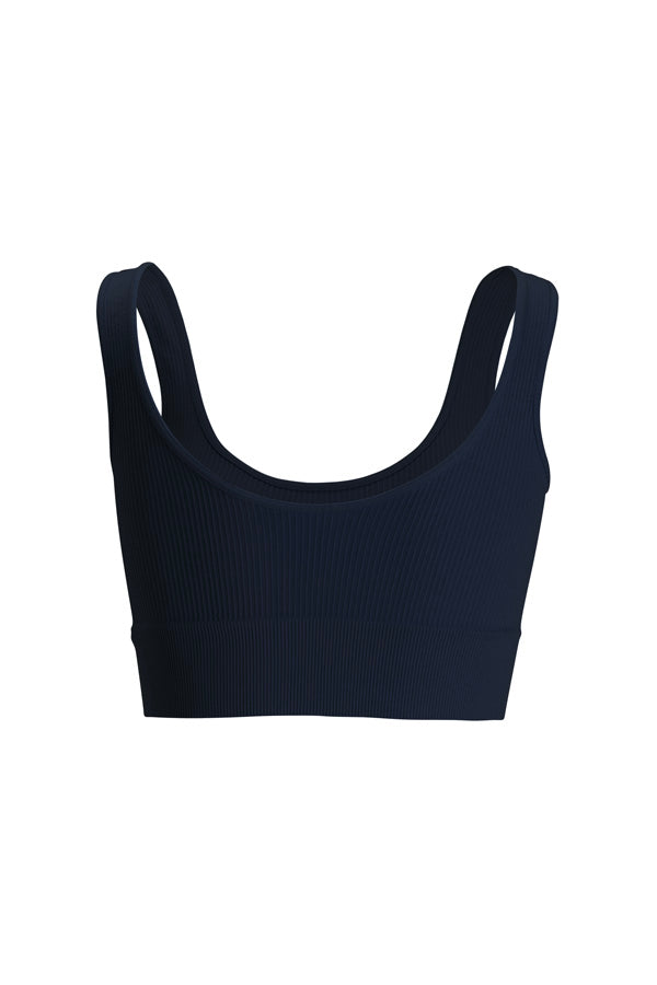 Ribbed seamless support bra in midnight navy showing wide straps