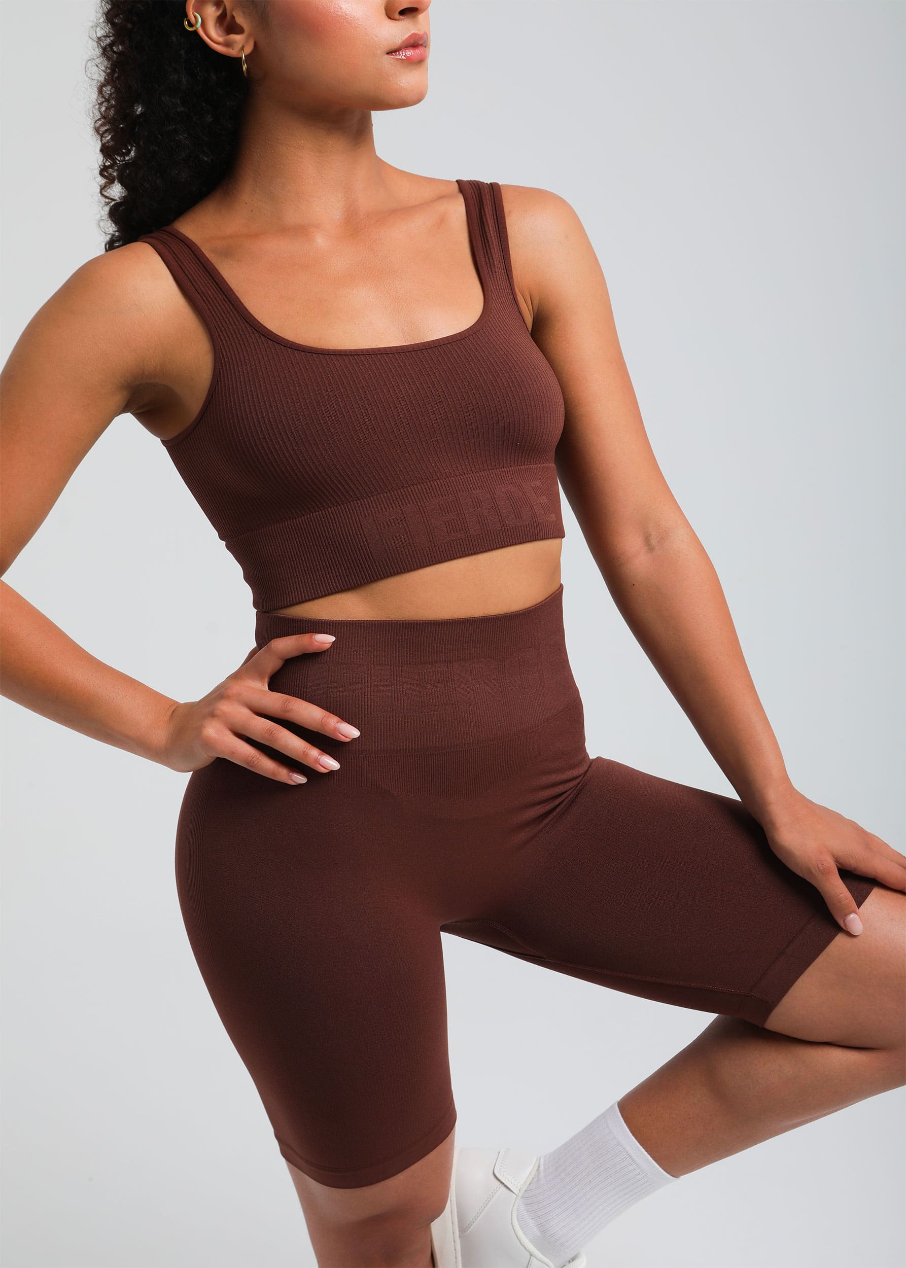 Cocoa brown Second Skin biker short with compressive high-rise waistband and sculpted fit