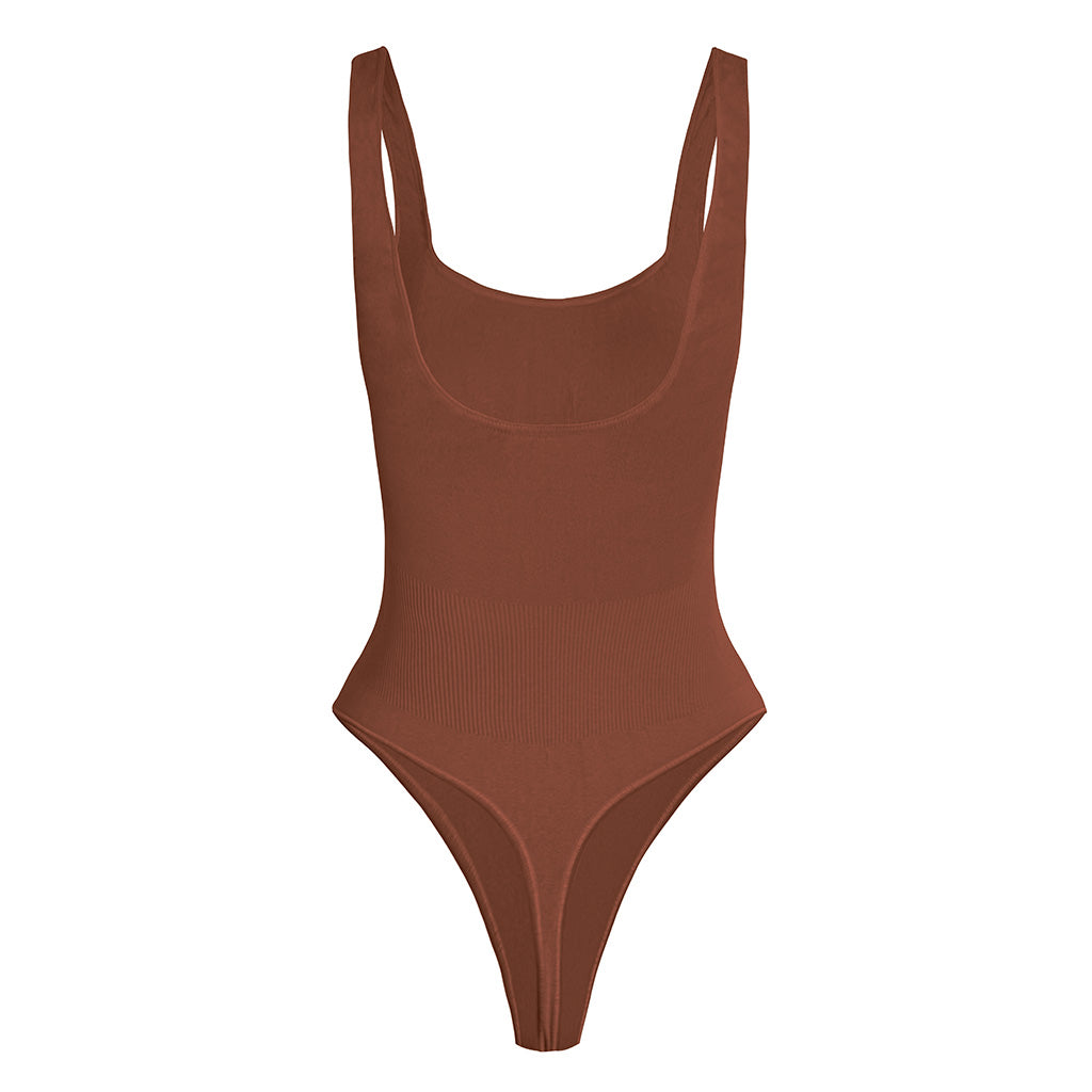 Second Skin Sculpting Thong Bodysuit in Cocoa Brown, back view