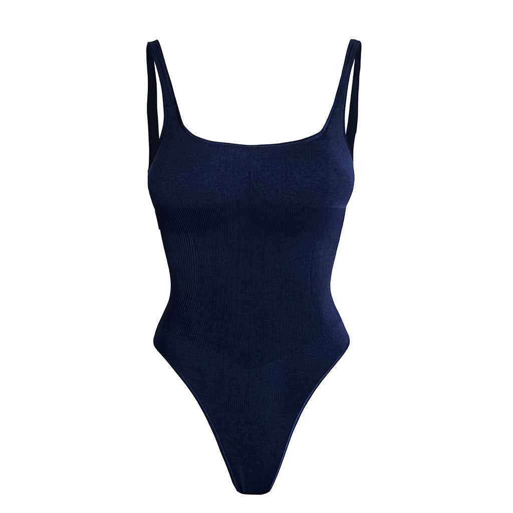 Second Skin Sculpting Thong Bodysuit in Midnight Navy, front view