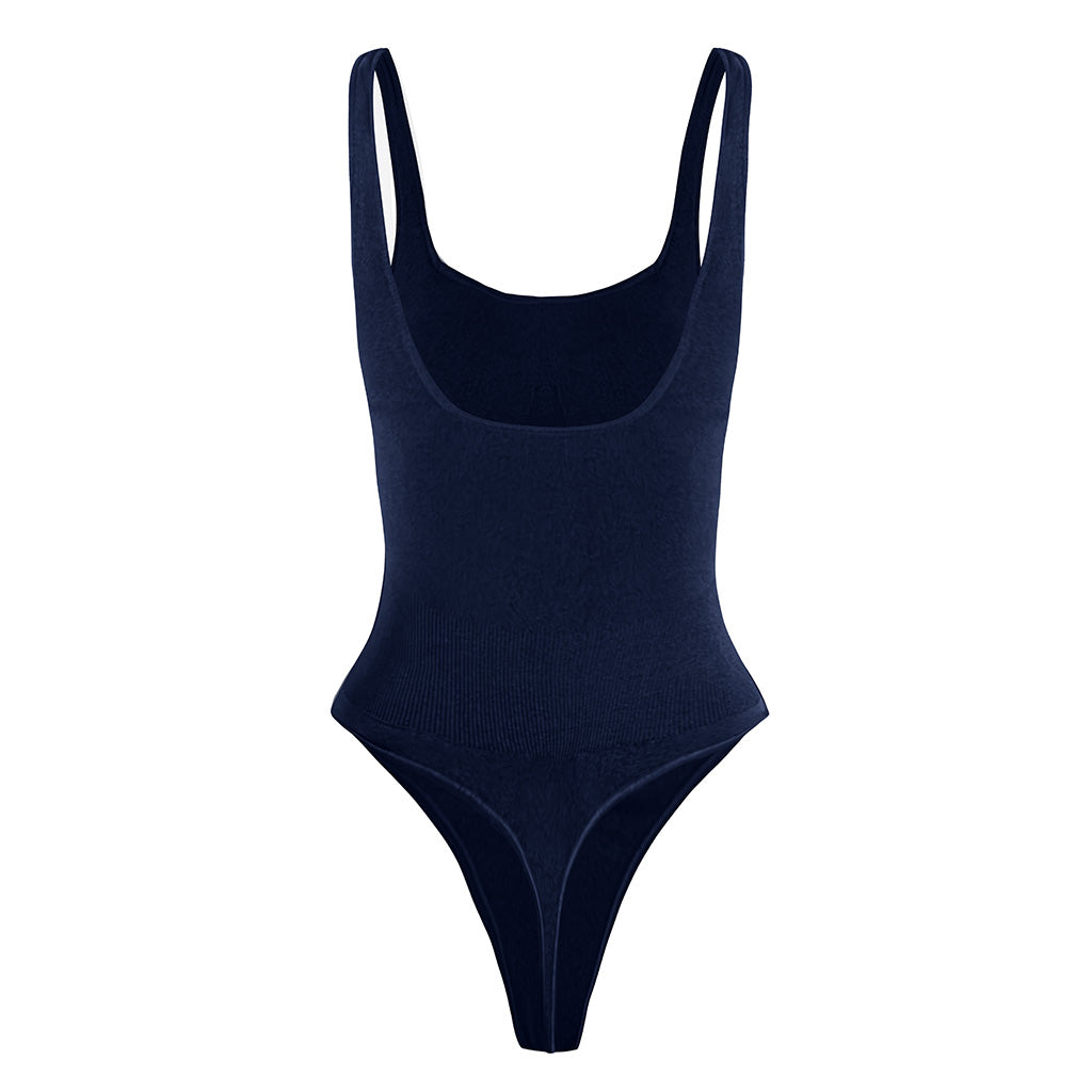 Second Skin Sculpting Thong Bodysuit in Midnight Navy, back view