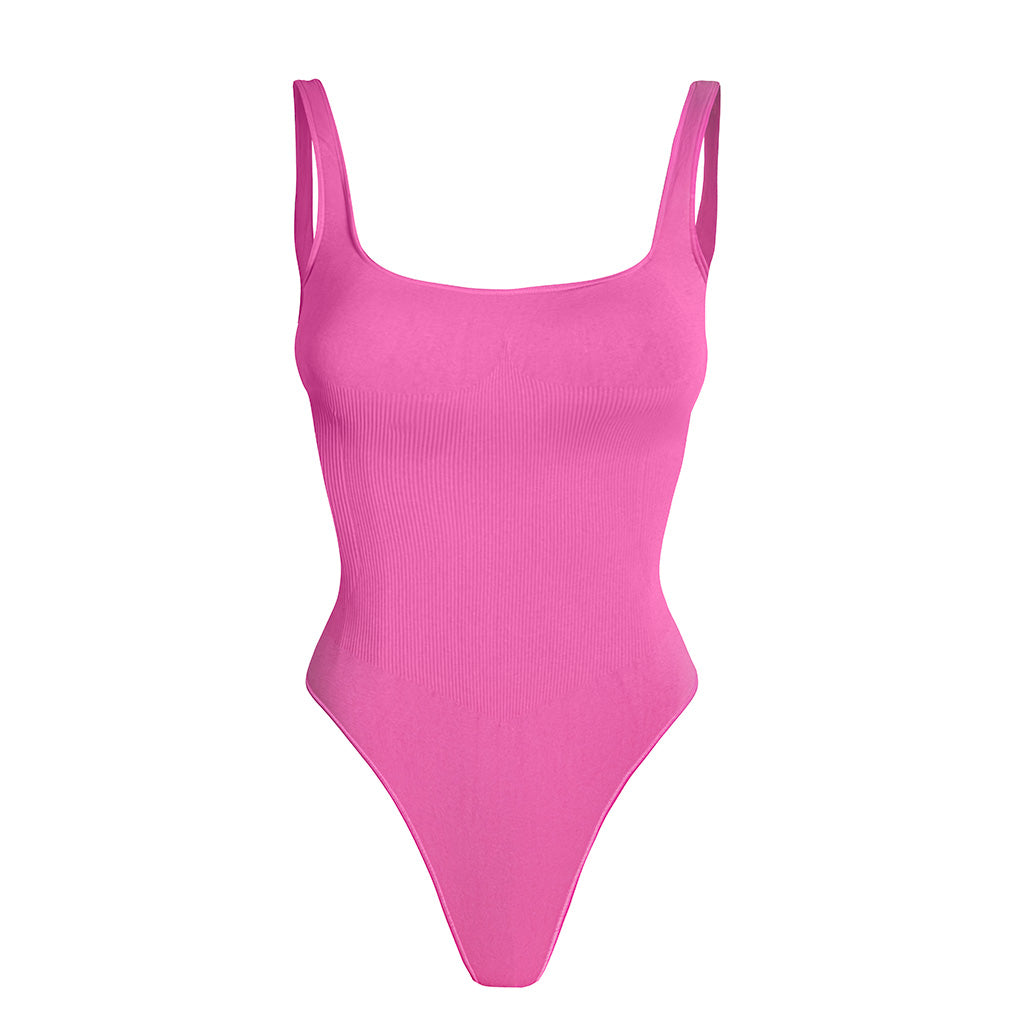Second Skin Sculpting Thong Bodysuit in Rose Pink, front view