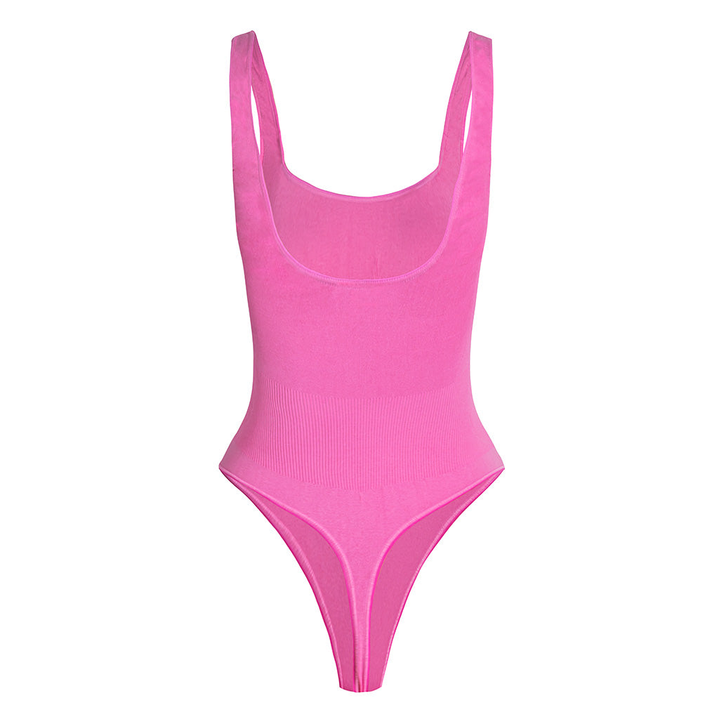 Second Skin Sculpting Thong Bodysuit in Rose Pink, back view