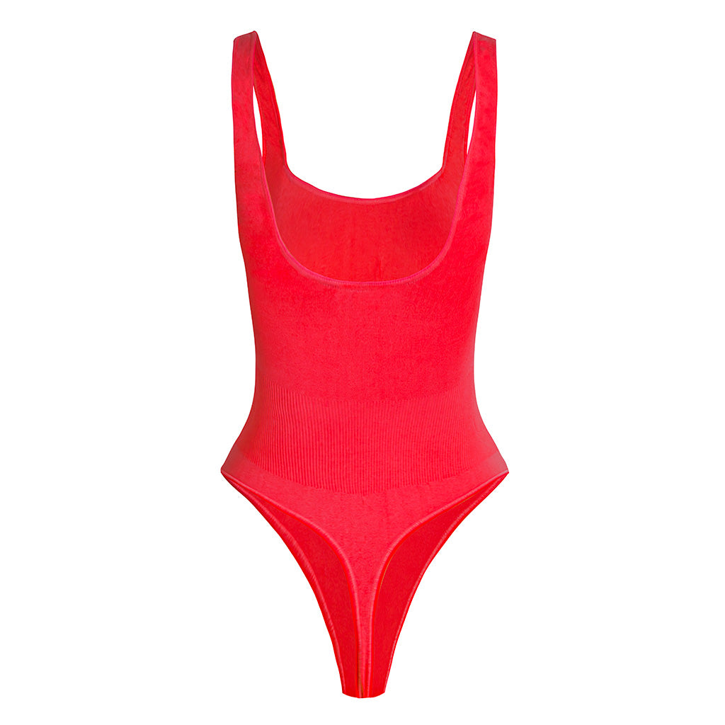Second Skin Sculpting Thong Bodysuit in True Red, back product view